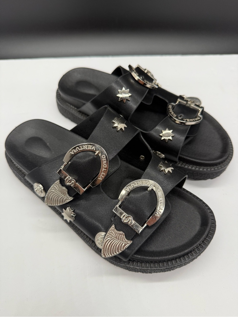 Black Studded Embellished Double-Buckle Slide Sandals- New Size 35- US 5.5